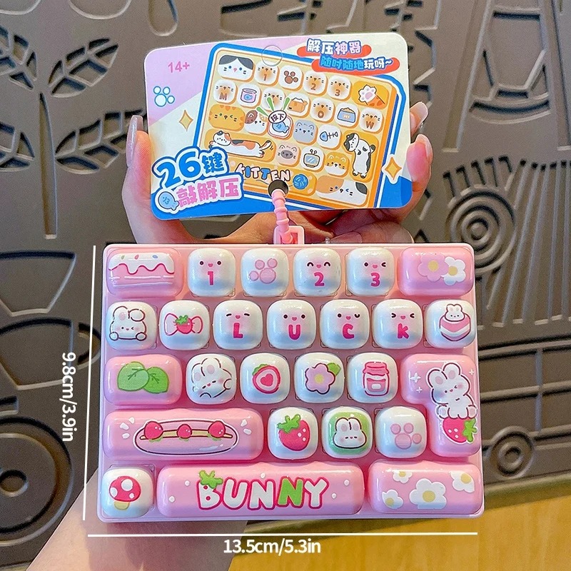 Party Favor Bag - 26-Tasten Anti-Stress-Tastatur-Clicker mit Schlüsselanhänger, Cartoon-Fidget-Taschenanhänger, Tastatur-Charms,