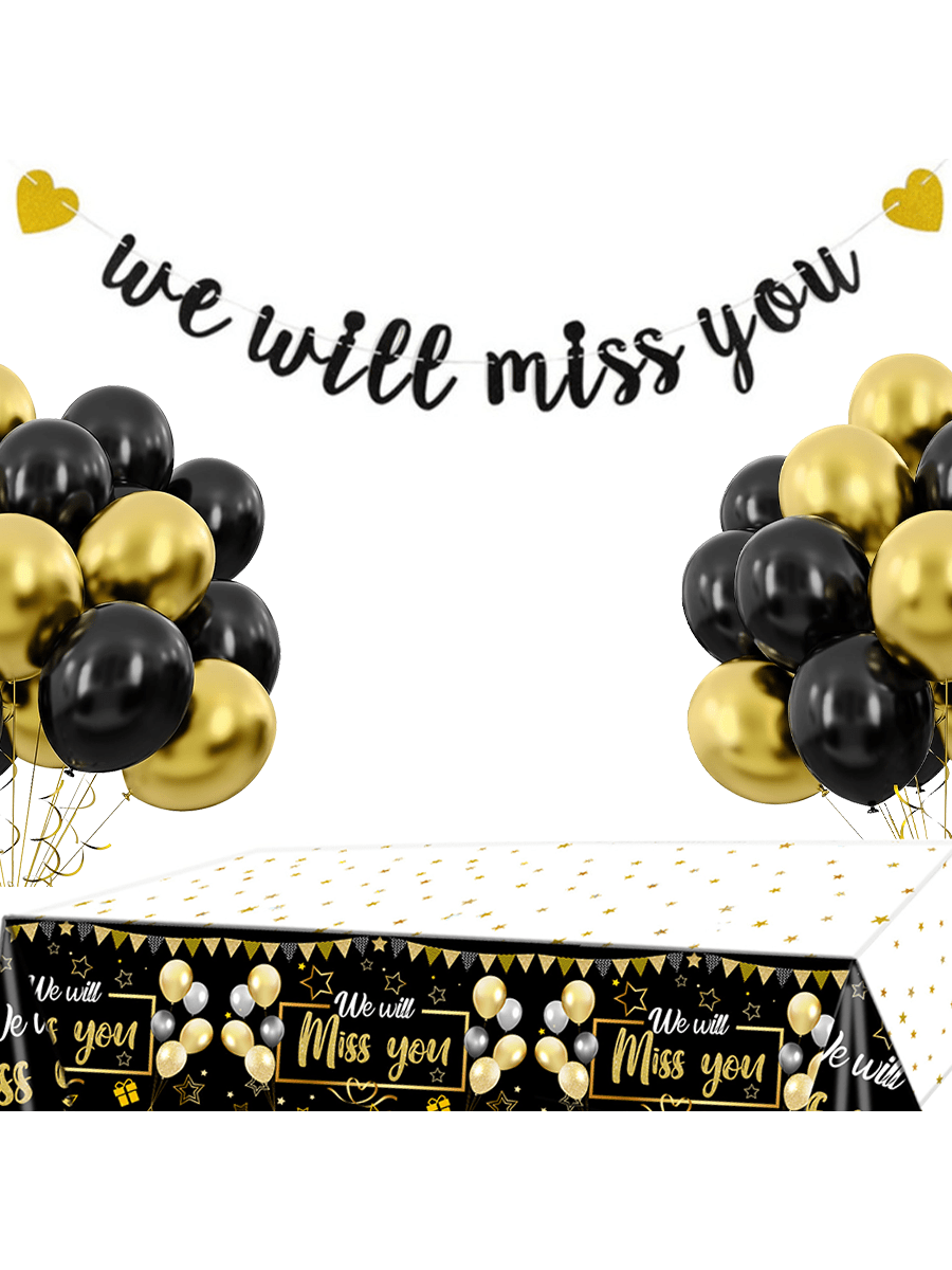 Party Banner Gold - Wir werden dich vermissen-Banner, Schwarzgold-Ballon-Set, Tischdecke,