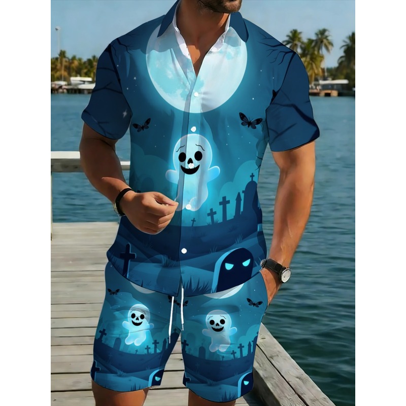 Event & Party Supply Photos - Hochwertiges zweiteiliges Herren-Set mit Halloween-Motivdruck, Hemd