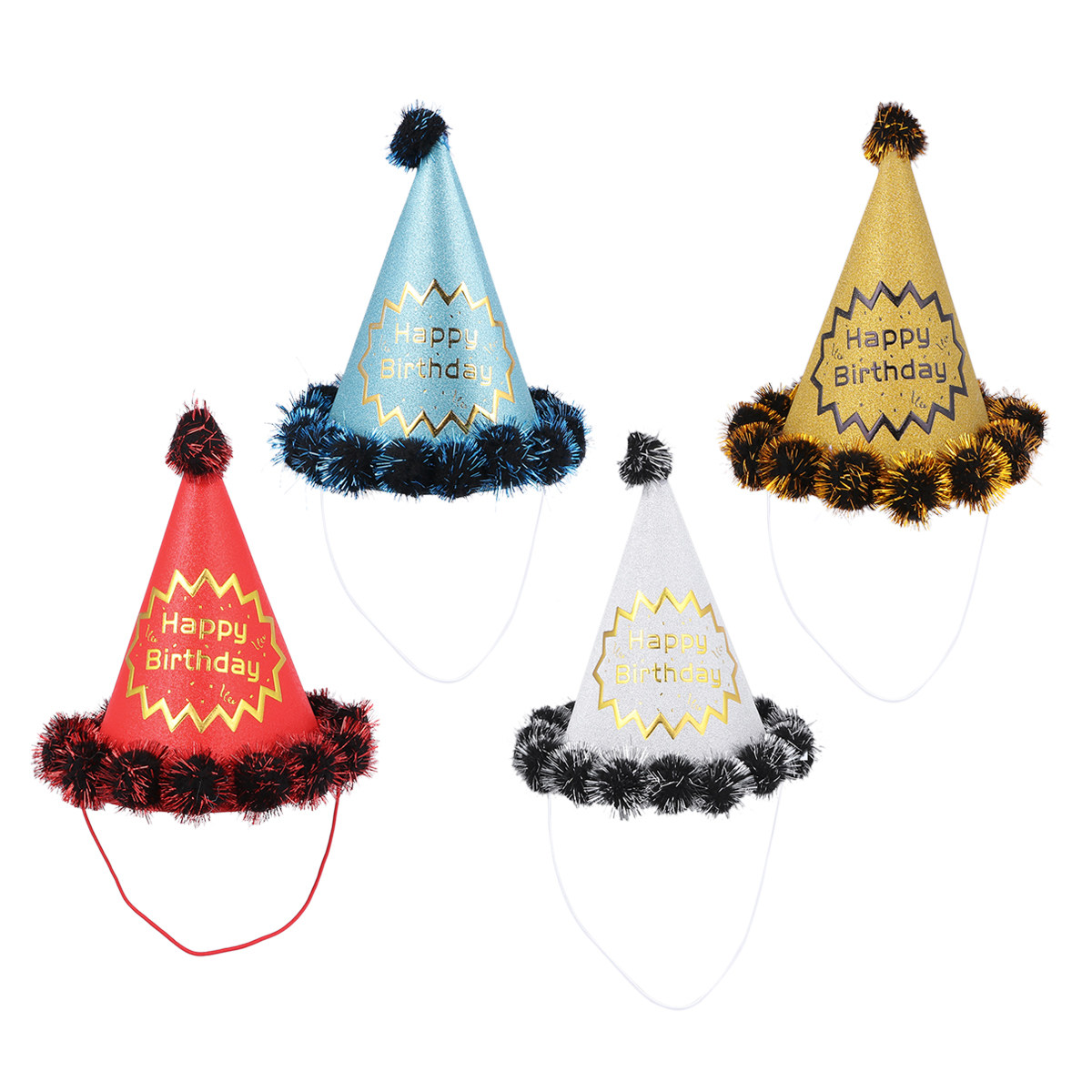 Party Hat Cone - 4 Stück Glitzer-Geburtstagshüte, glänzende Kegel-Partykappen in