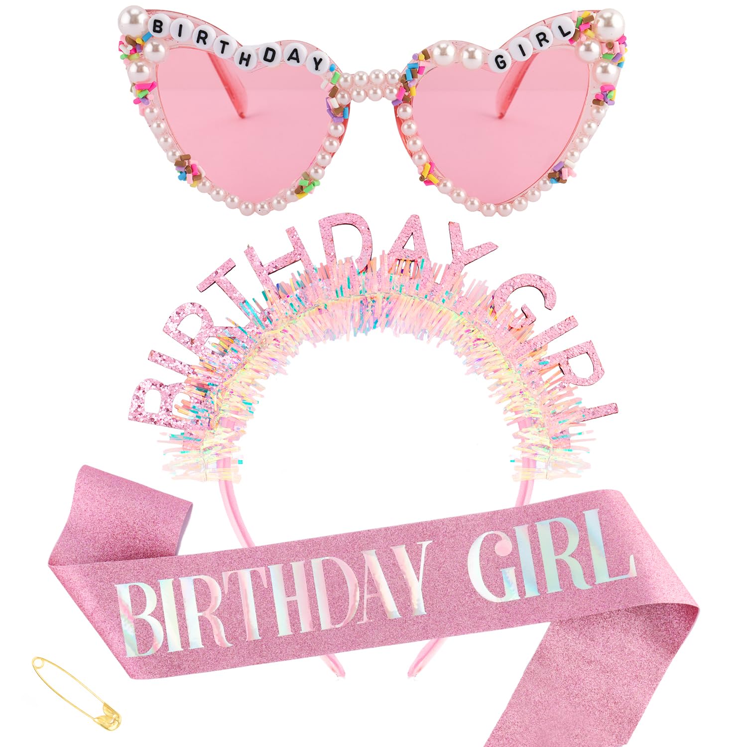 Birthday Sash Glitter - Geburtstagsmädchen Stirnband Schärpe Sonnenbrille Set, Rosa